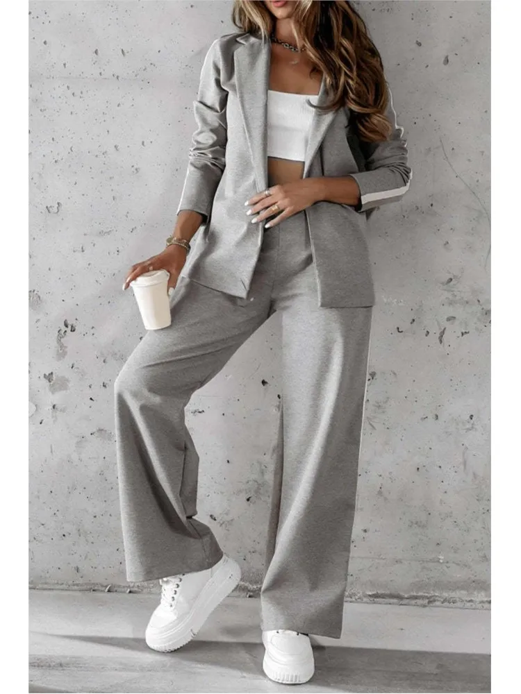 Women\'s Casual Lapel Suit Fashion Splicing Stripes Wide Leg Pant Autumn Winter New Female Suit Elegant Office Two-piece Sets