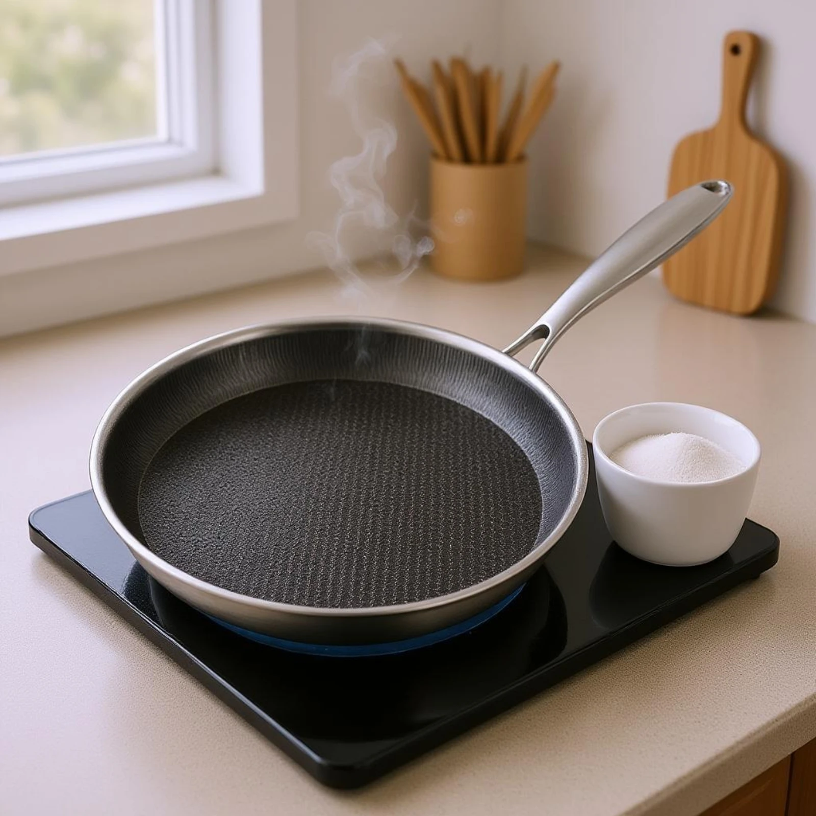 Flat-Bottom Frying Pan Honeycomb Texture Stainless Steel Frying Pan Three-Layer Skillet Easy to Clean Cookware Even Heating