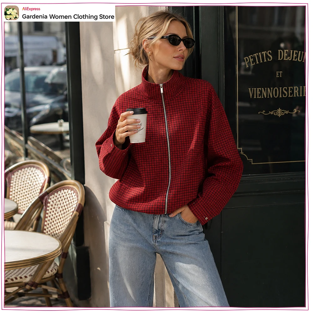 Spring & Autumn Women's Bomber Jacket High Collar and Long Sleeve Red Plaid Jacket Zippered Bomber-style Jacket with Pleated Hem