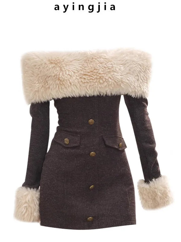 

Сексуальное вязаное платье на одно плечо со съемным меховым воротником для женщин, осенне-зимнее, облегающее, короткое, вязаное, с эффектом похудения