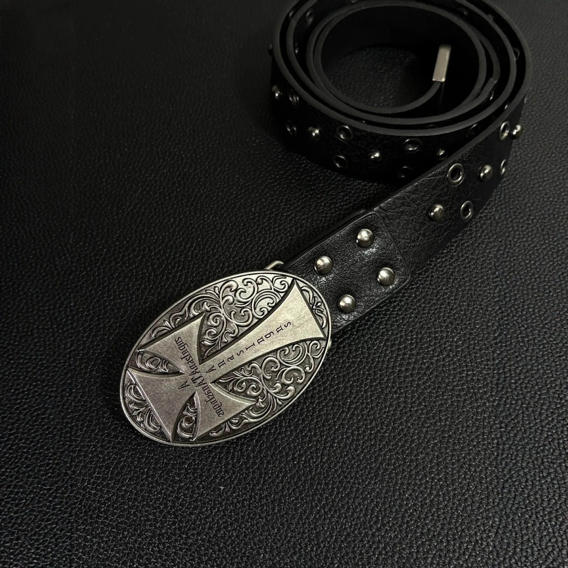 Vintage Cross Embossed Buckle Riveted Belt PU Waist Strap for Men Women Punk Y2K Denim Jeans Streetwear Outfit Accessory Studded