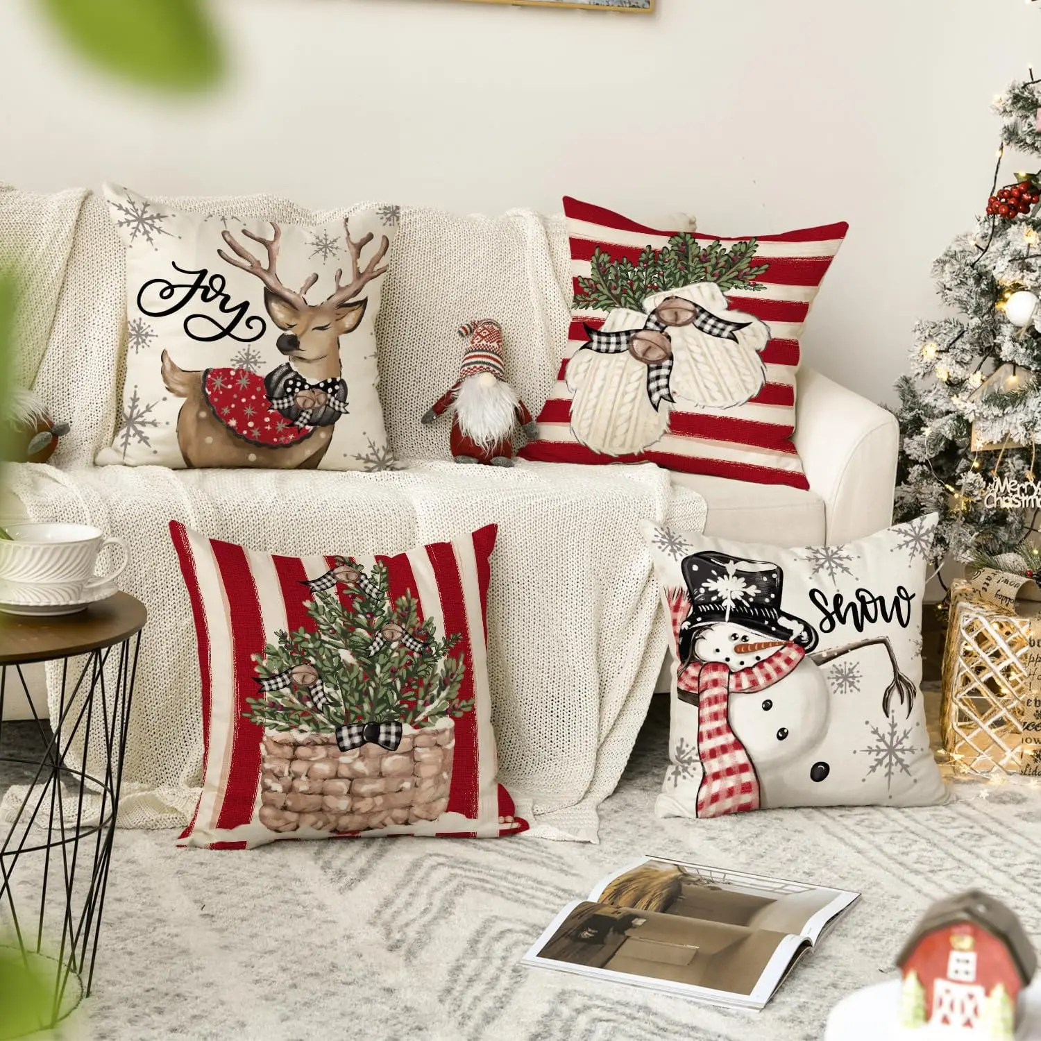 Christmas Snowman Reindeer Gloves Eucalyptus Red Throw Pillow Covers,  Winter Holiday Stripes Cushion Case Decoration