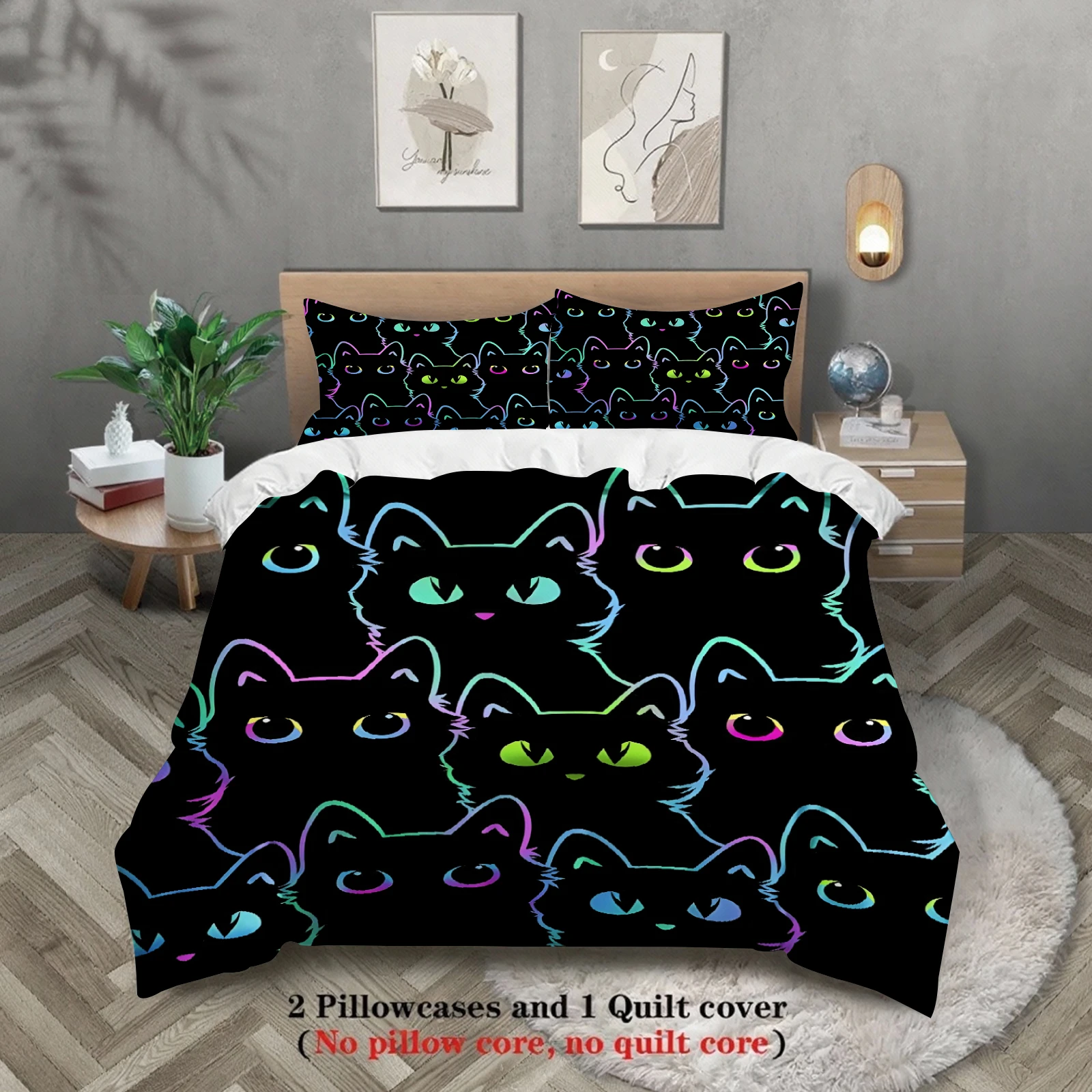 Glowing Neon Cat Duvet Cover Set Multicolor Cat Head Bedding For Teens Girls Bedroom Twin Queen King Size With Pillowcases