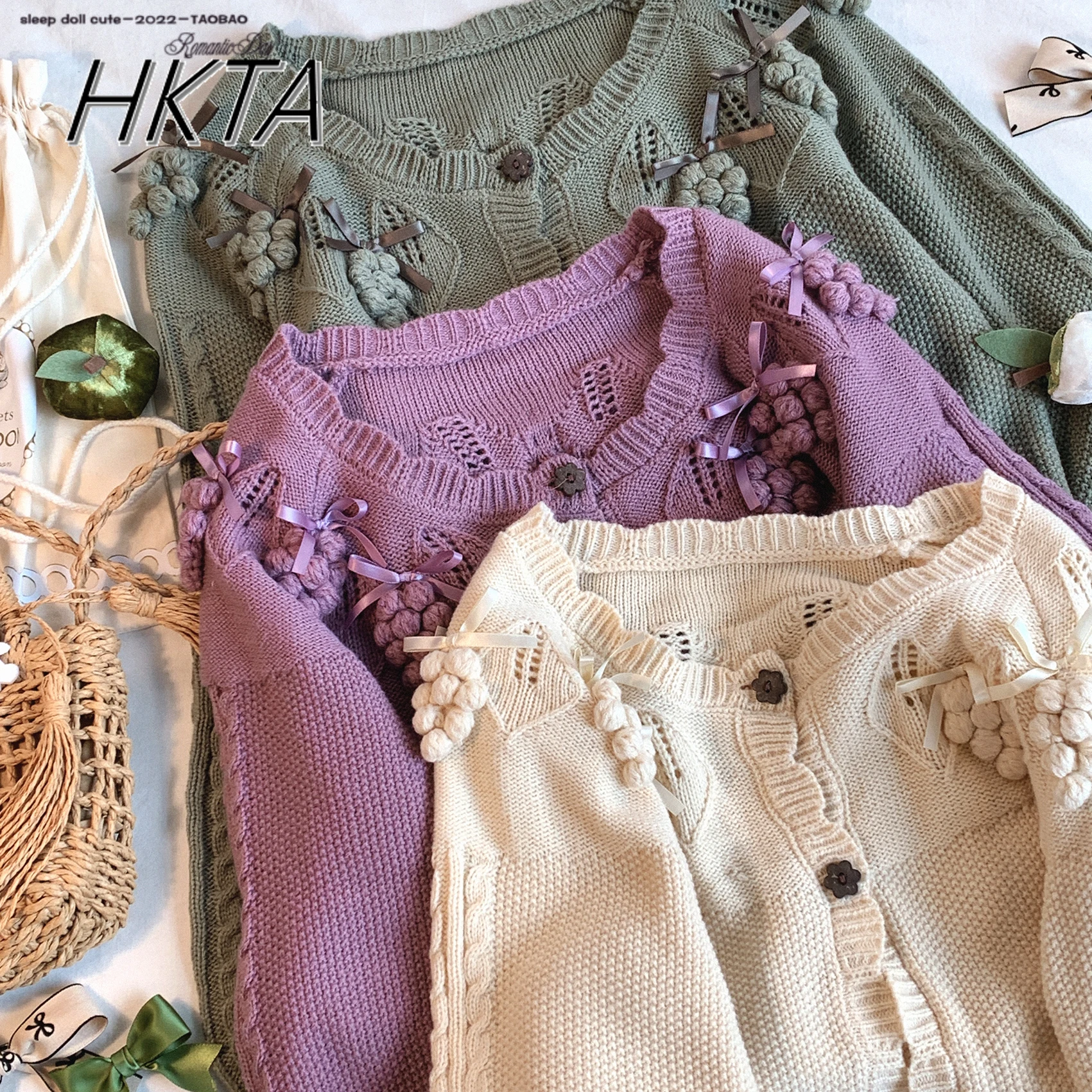 Lolita Kawaii Cute Sweater Coat Sweet Grape Garden Retro Lace Bow Sweaters Autumn and Winter Short Long-sleeved Knitted Cardigan