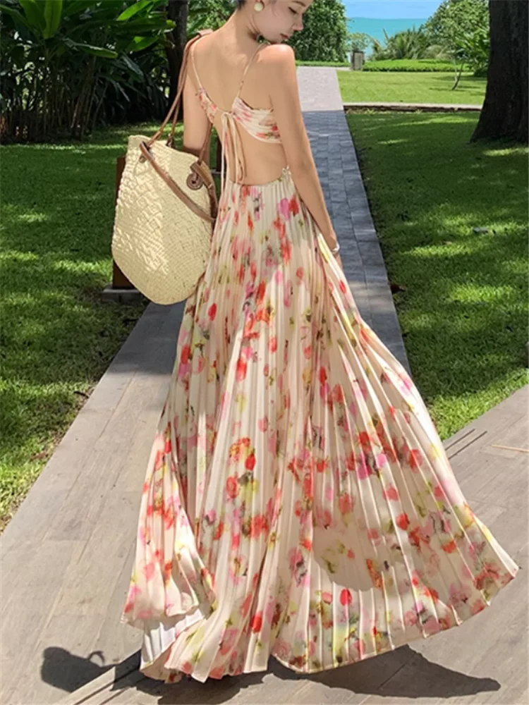 Summer Holiday Boho Floral Print Pleated Long Holiday Dress Sexy Backless Hollow Women Halter Off Shoulder Beach Fairy Dress