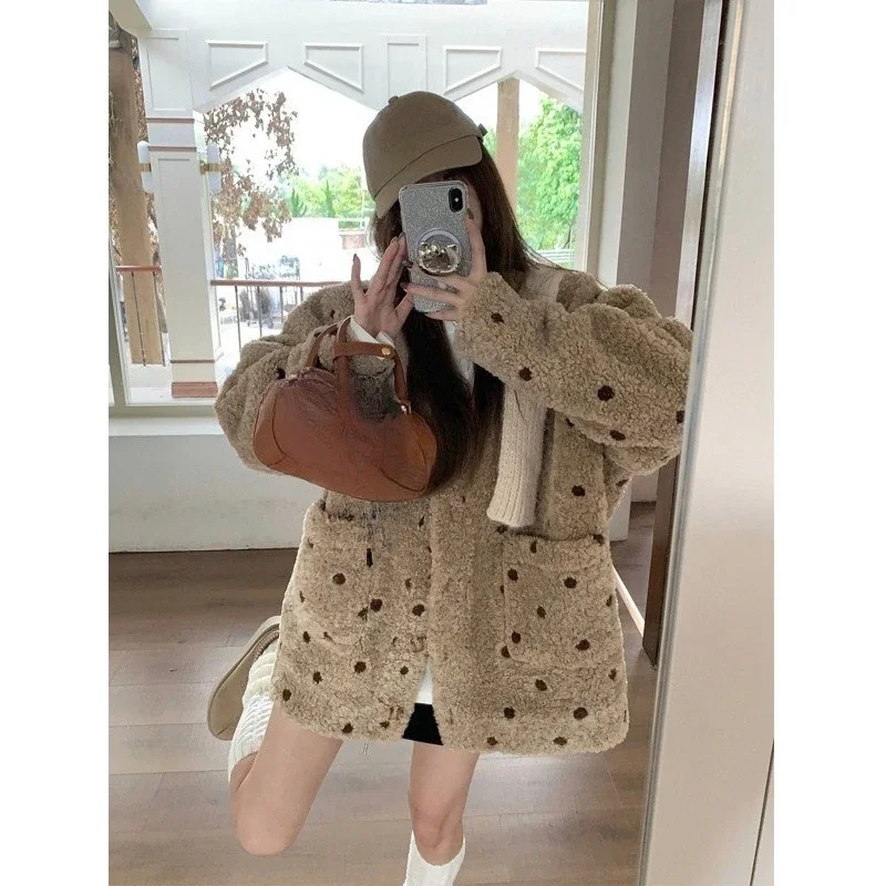 Lamb Wool Coat Lazy Warm Polka Dots Contrasting Color Fur Cardigan Design Sense Trendy American Retro Comfortable Beautiful