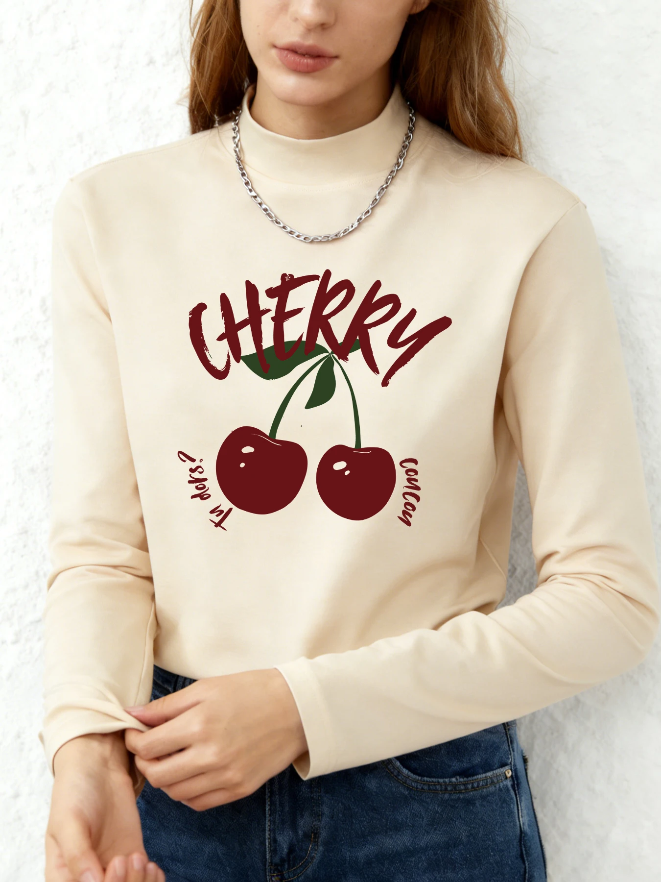 

Mock Neck Long Sleeve Blouse Women Handwritten CHERRY in color Pullover Loose Street y2k T-Shirt Street K-Fashion Casual Top