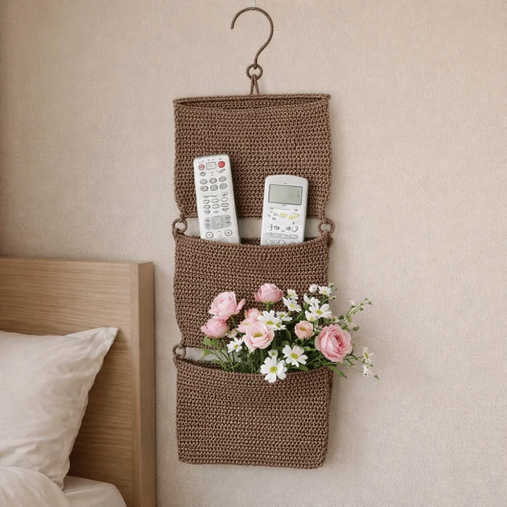 

Handwoven Three Layers Hanging Bag Folding Washable Hanging Storage Bag Large Capacity with Hook Sundry Storage Bag Magazines