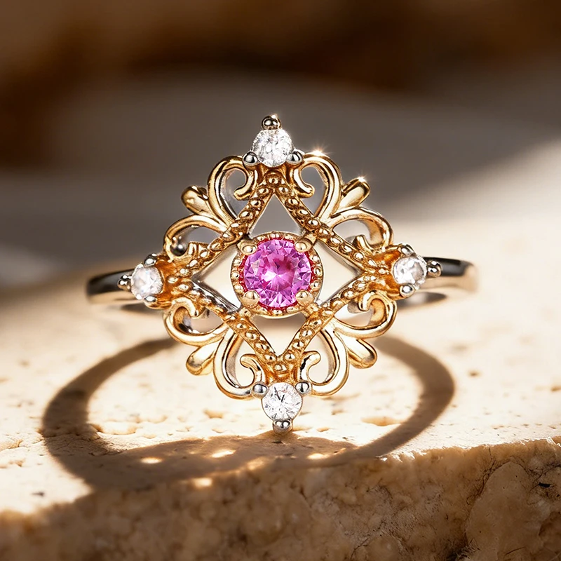 Huitan Ring mit zartem, ausgehöhltem Design und Zirkonia für Damen, modische Accessoires im zweifarbigen Stil für die Verlobungszeremonie