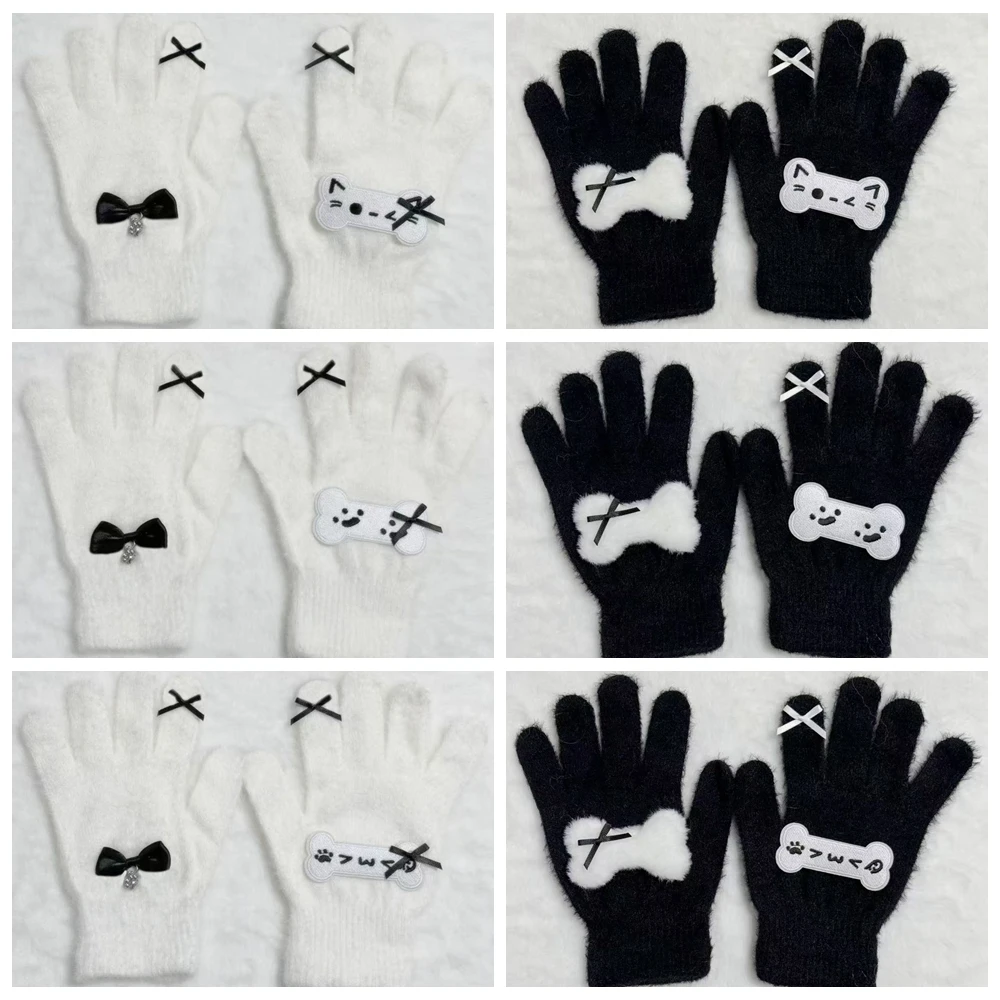 Leuke Kat Bot Lange Vinger Handschoenen Zachte Harige Voering Warme Gebreide Wanten voor Y2K Subcultuur Zoet Gezellig Cadeau voor Meisje