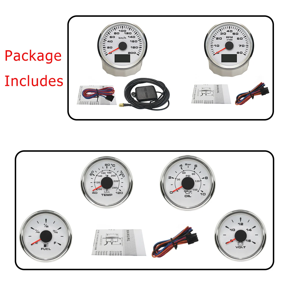 ELING 6 Gauge Set 85MM 200KM/H 160MPH GPS Speedometer Tachometer 52MM Water Temp Oil Pressure Fuel Level Meter Voltmeter