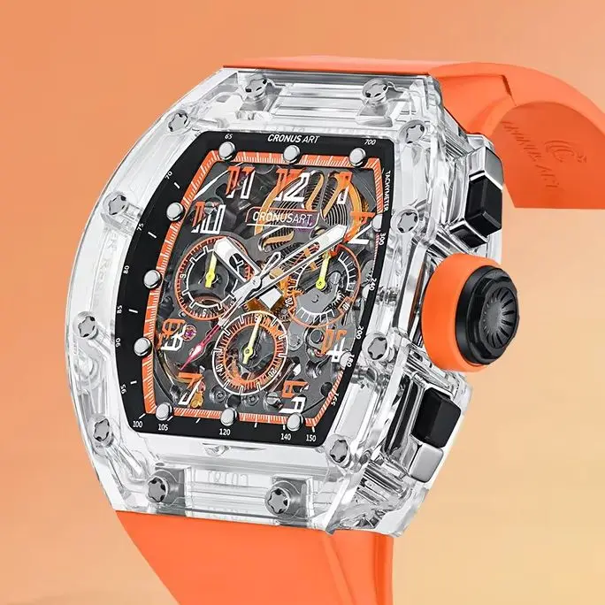 CRONUSART Men Chronograph Watch Tonneau Mechanical Wristwatch Sapphire Case & Mirror Waterproof Luminous Skeleton Dial FKM Strap