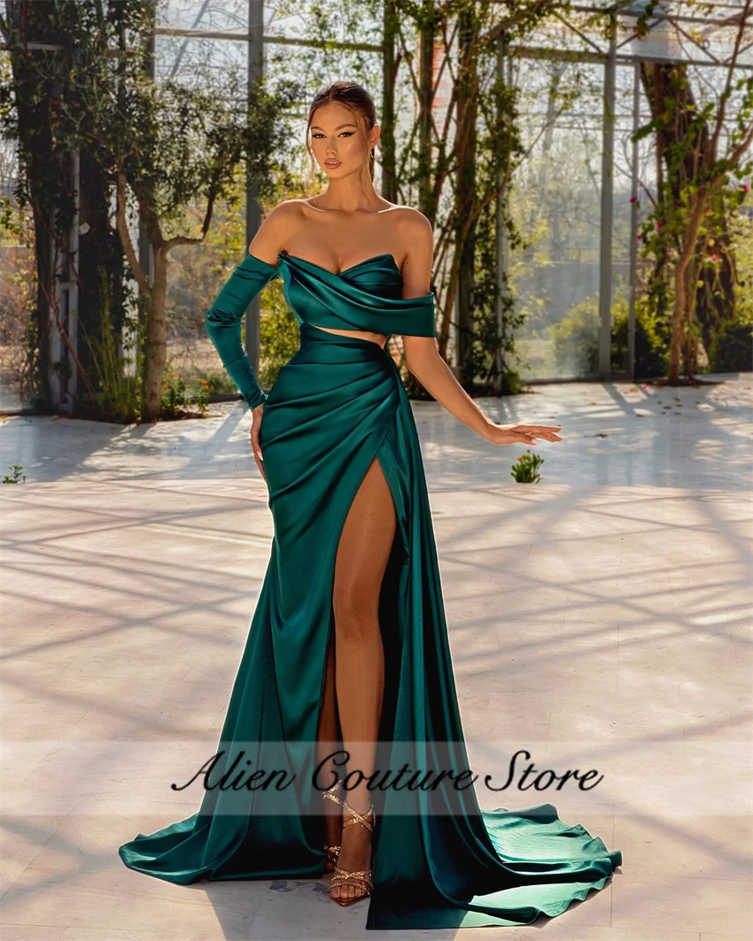 Elegant Emerald Green Mermaid Evening Dresses Luxury One-Sleeves Birthday Gown Dress Side Split Bridemaid Gown Customized