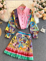 Spring Autumn Fashion Temperament New Exotic Print Lapel Puff Sleeve Shirt Female High Waist Slim Skirt Suit C597