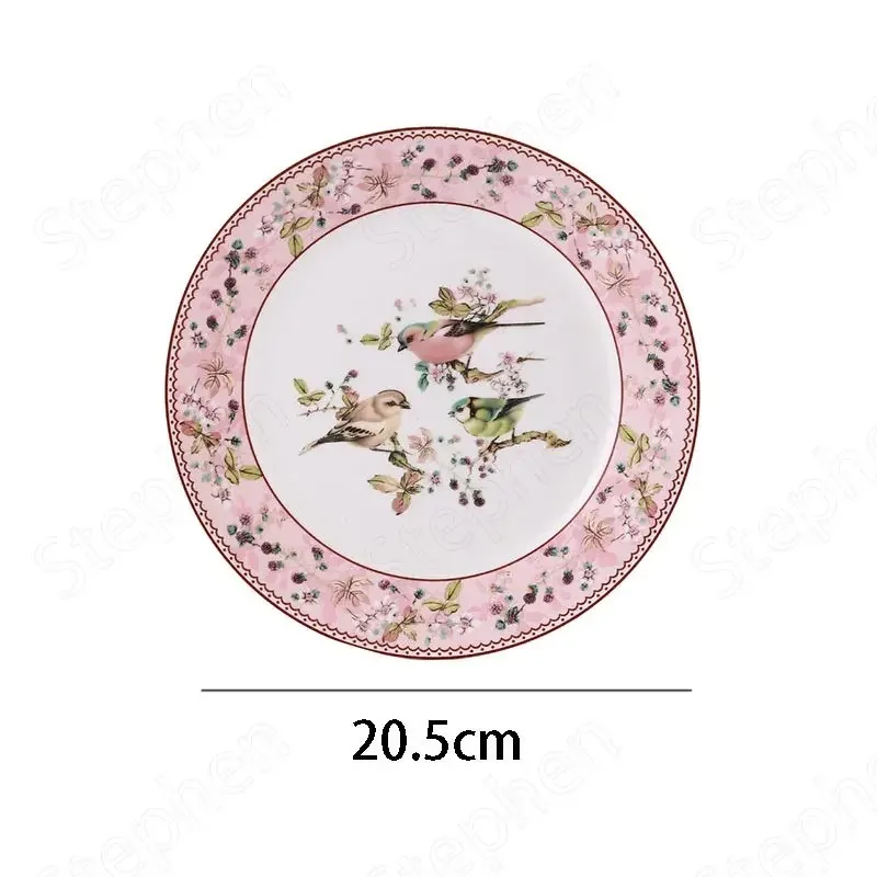 European Light Luxury Bone China Dinner Plate Nordic Classical Pink Enamel Ceramic Plates Fruit Salad Bowl Bird Decor Tableware