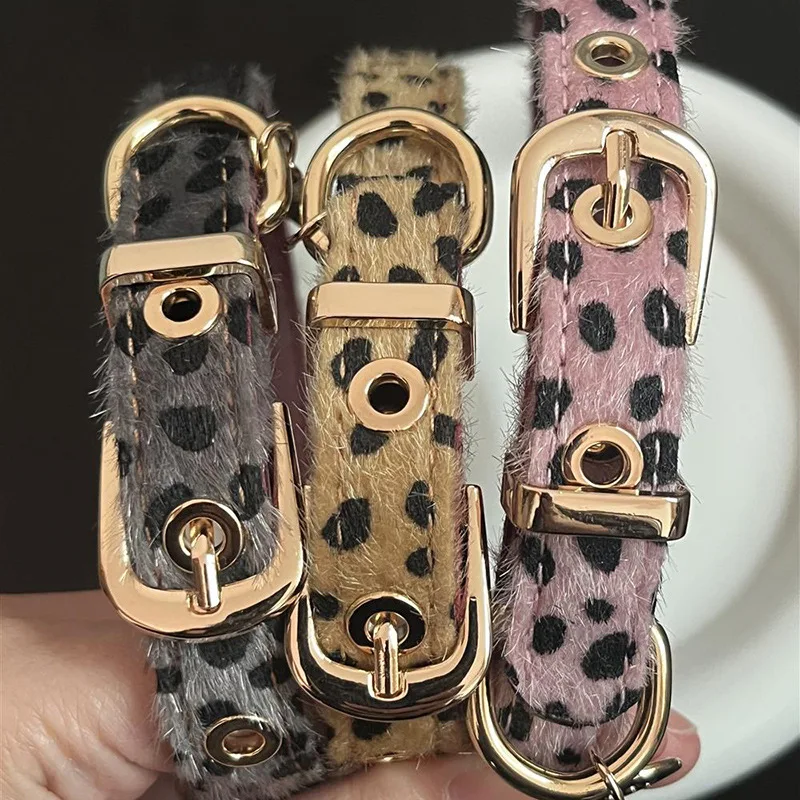 Leopard Pattern Small Dog Collar with Soft PU Leather Dog Metal Leash- Adjustable Comfort Fit Pet Collar for Wal view 3