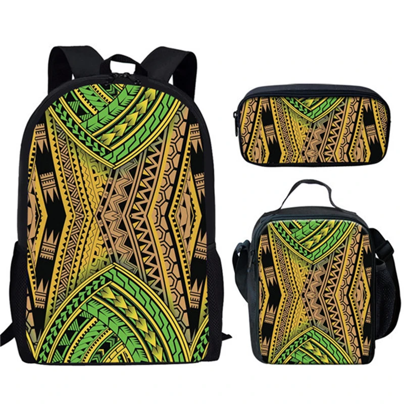 Polynesian Traditional Tribal Pattern Print 3Pcs/Set Backpack Campus School Bag Student Casual Bookbag Lunch Bag Pencil Bag