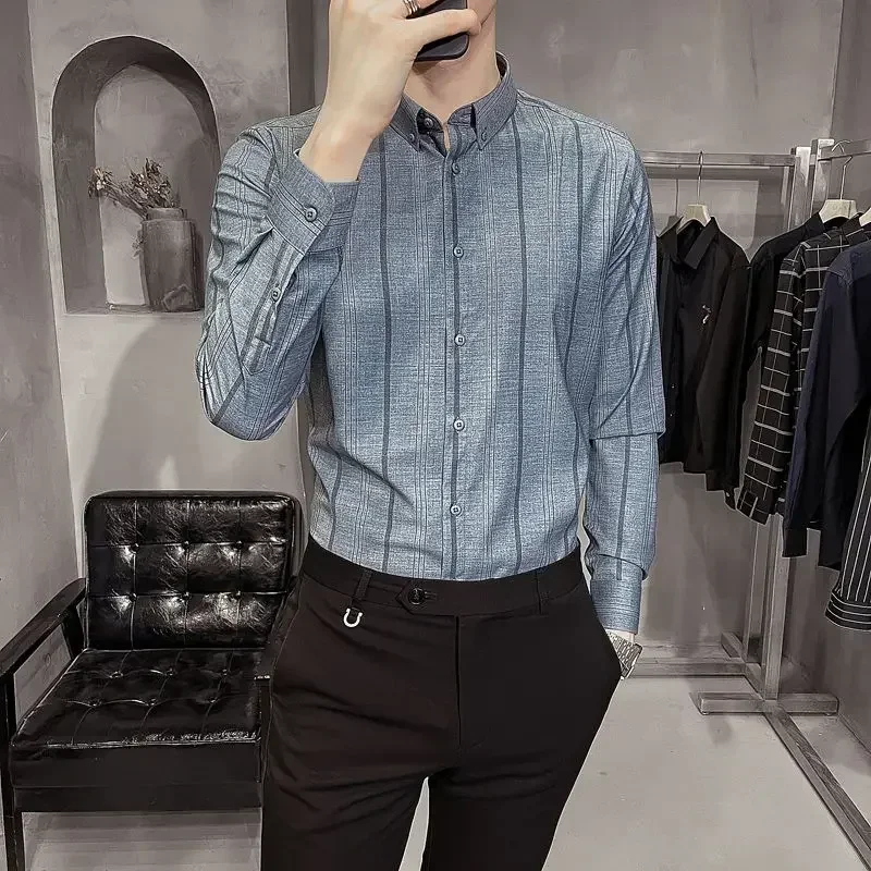 Korean fashion casual long-sleeved shirt Men's Clothing Romon 2024 autumn new men's business slim-fit non-ironing striped shirt