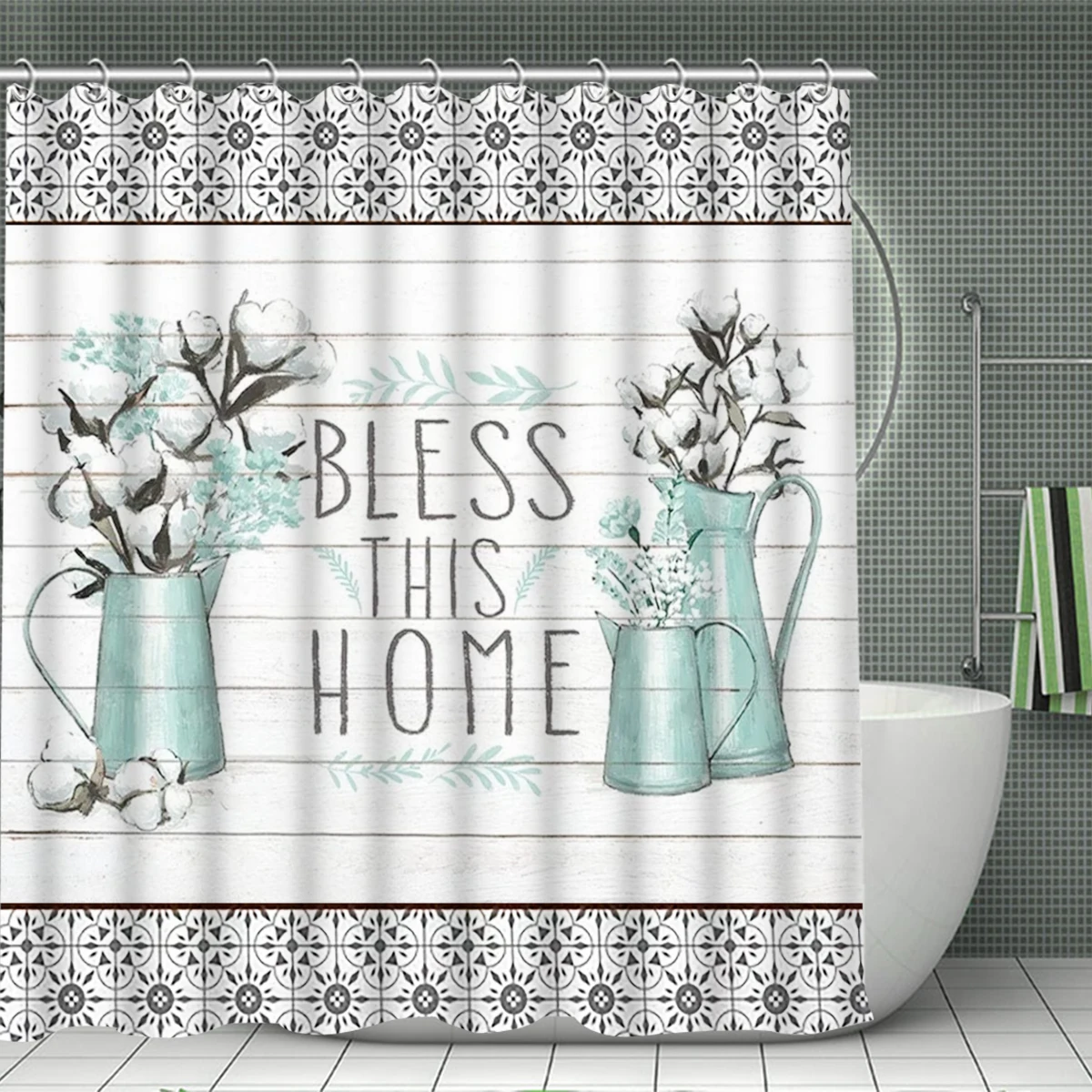 1/4 Piece Shower Curtain Set, Waterproof Bathroom Partition Curtain with Hooks, Anti-Slip Bath Rug, U Shape Mat, Toilet Seat Cov