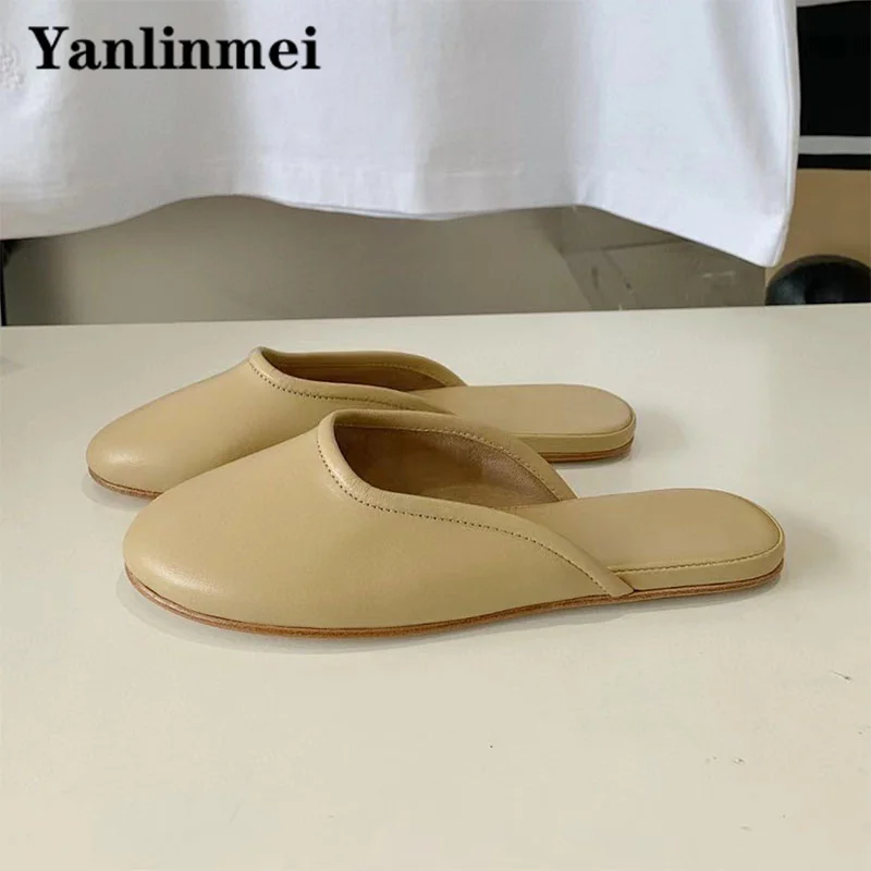 

Summer New Slippers Woman Round Toe Genuine Leather Flat Slides Outdoor Leisure Mules Shoes Comfort Half Slippers Woman