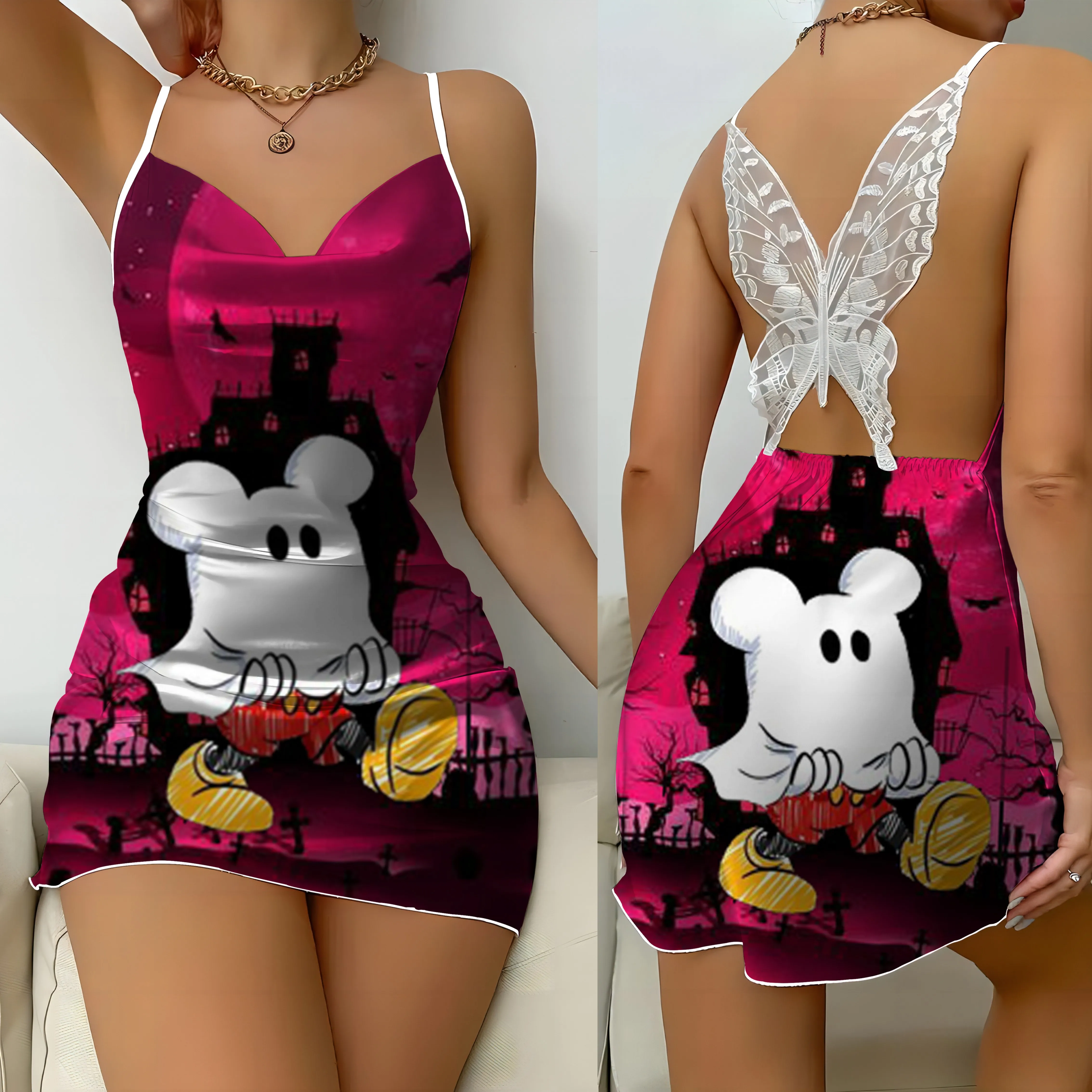 Party Kleider Satin Oberfläche rücken freies Kleid Disney Minnie Maus Stich Mickey Bogen Knoten Frauen Mini sexy Spitze Halloween Frau nach Hause