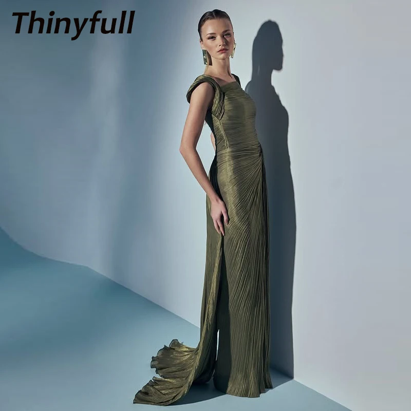 

Thinyfull Mermaid Arab Prom Dresses Sleeveless Shiny Satin Evening Party Gown Dubai Long Dress robes de soirée Customized