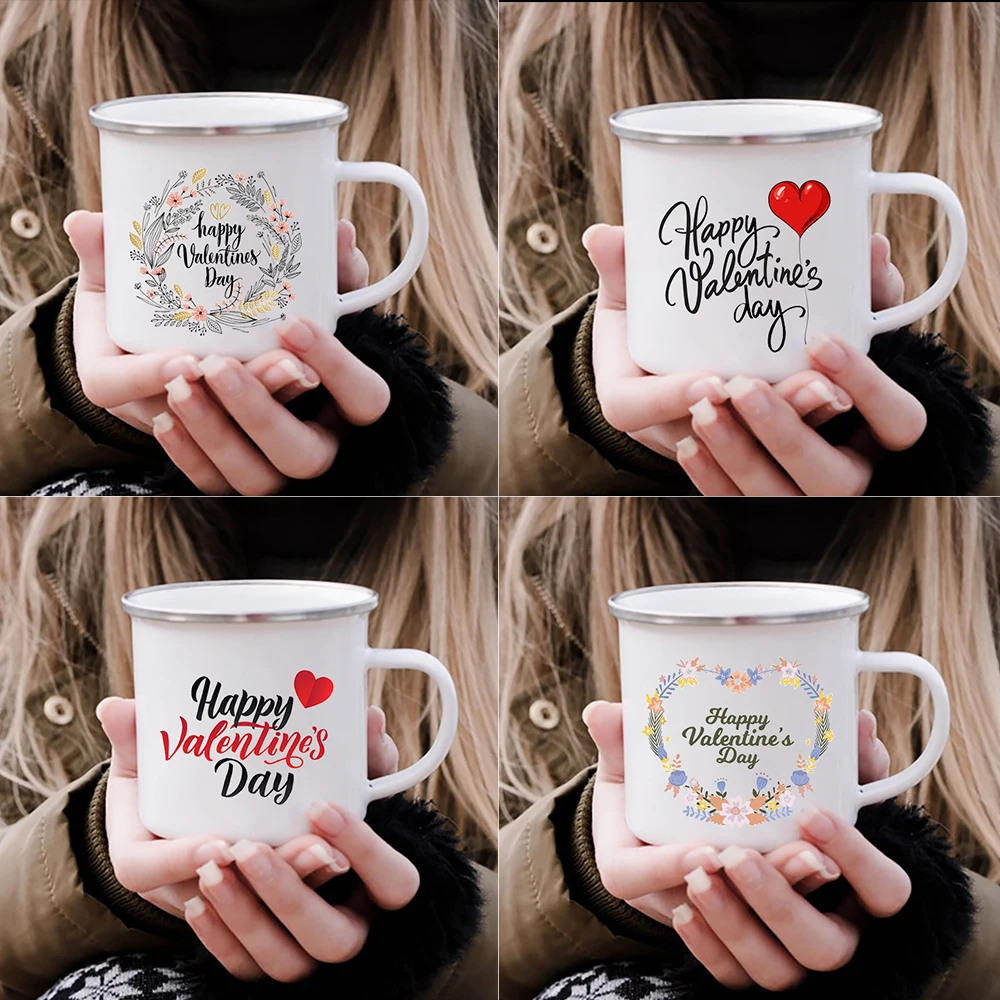 

Happy Valentine's Day Enamel Coffee Mugs Handle Travel Cocoa Water Cups Home Office Breakfast Milk Oat Couples Mug Lovers Gifts