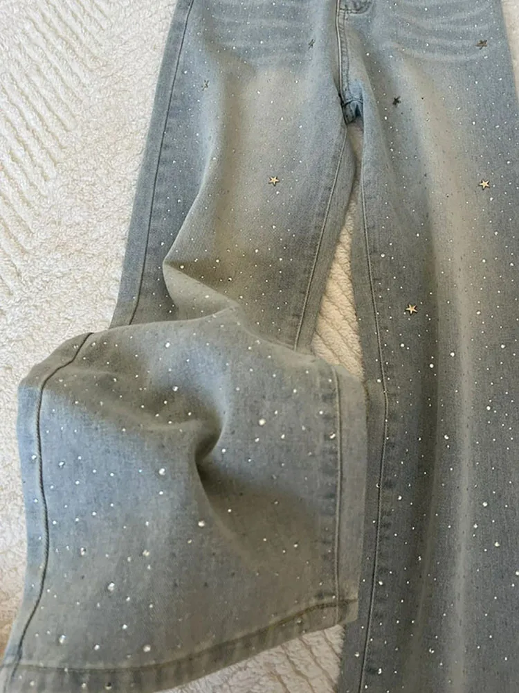 Light Blue Rhinestone Jeans 2025 New Women's High Waisted Wide Leg Pants Vintage Casual Shiny Straight Leg Denim Trousers