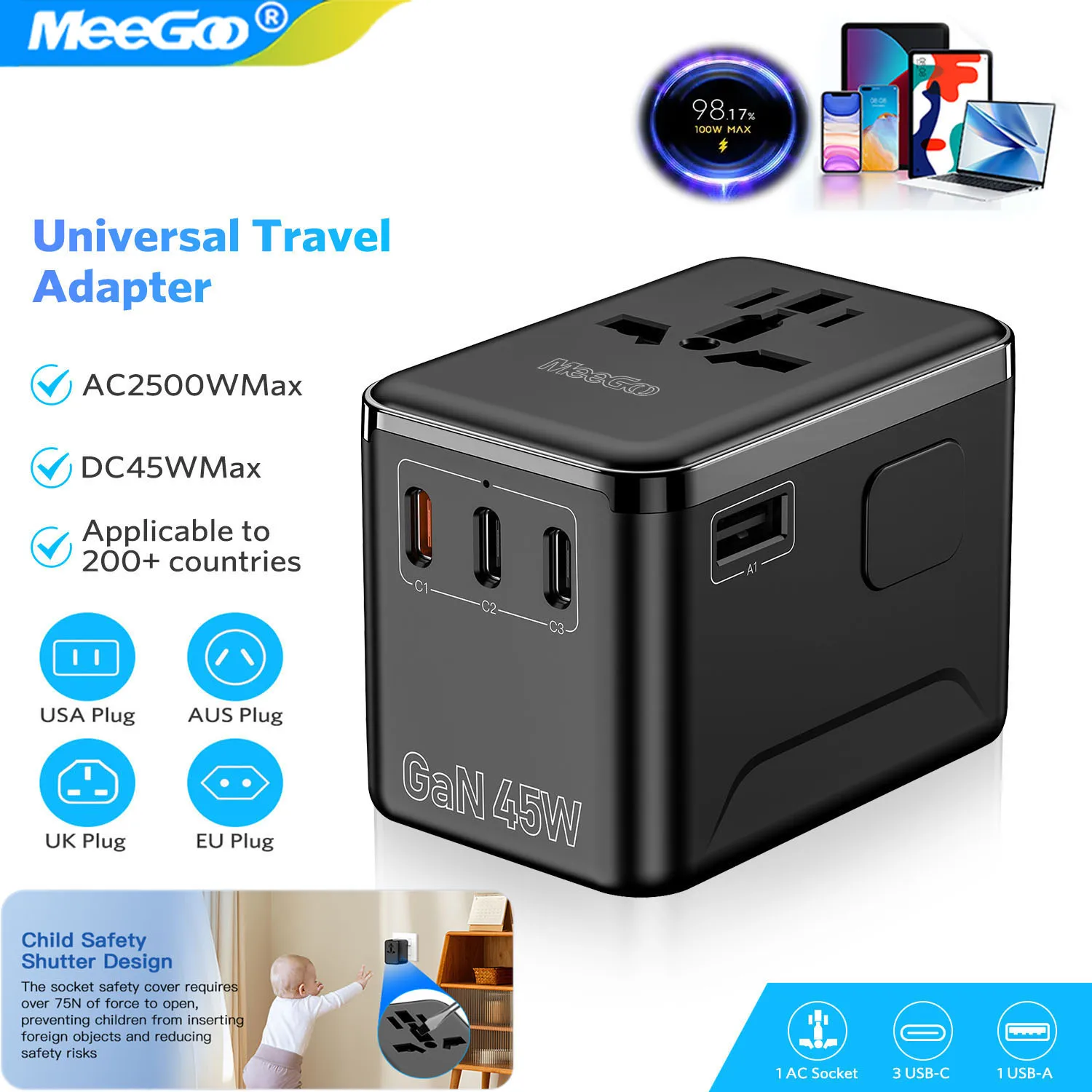 MeeGoo 45W GaN International Travel Adapter with 1USB 3 Type C GaN Fast Charging Adapter with EU AU US UK Plug for Wall Charger