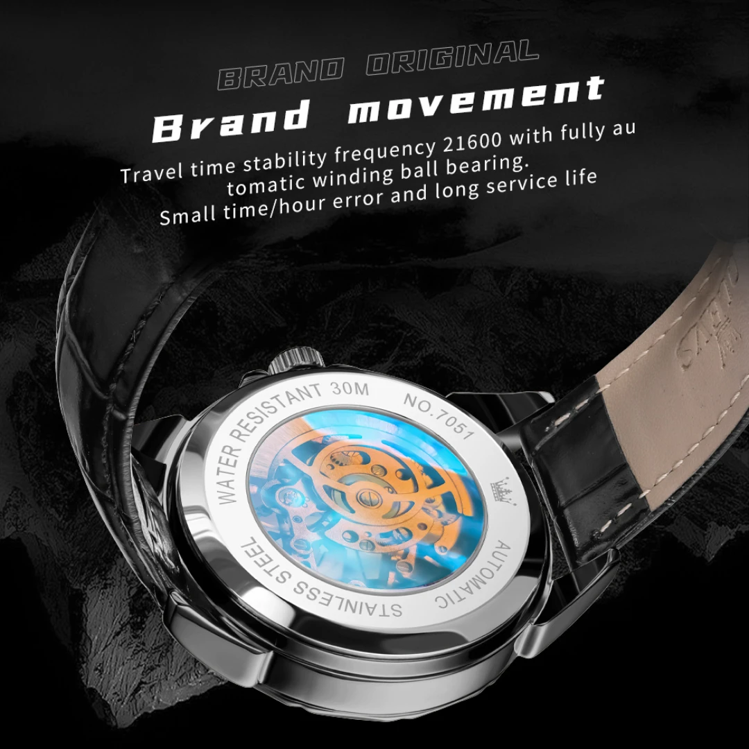 OLEVS 7051 Mechanical Fashion Watch Gift Round-dial Genuine Leather Watchband Wristwatch Luminous