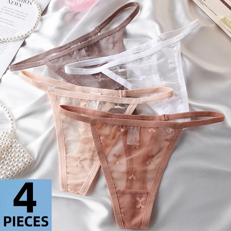 4PCS/Set Mesh Transparent Thong Women Panties Underwear Women Seamless G-String Female Underpants Intimates Lingerie M-XL