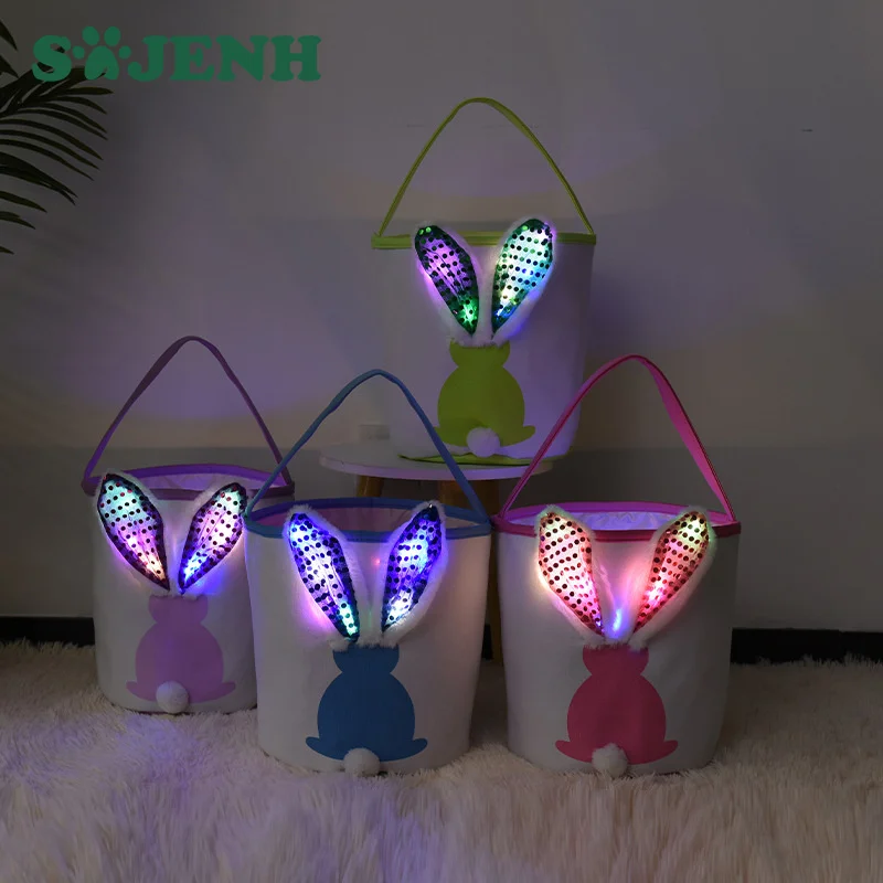 Glowing Rabbit Ears Easter Bunny Tote Bag Soft Bucket Tote Bag Candy Gift Storage Bag Easter Decorations Party Supplies