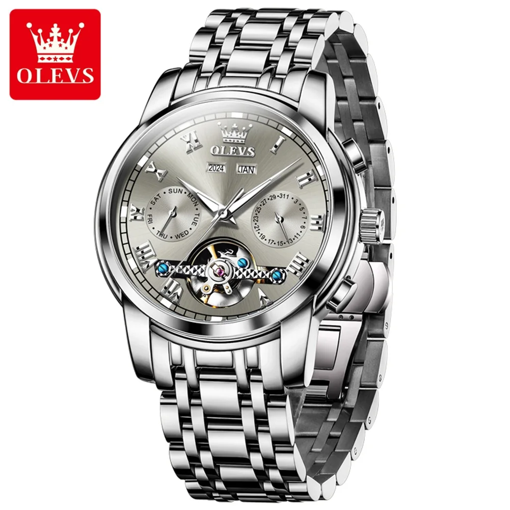 OLEVS 6607 New Men\'s Watches Original Automatic Mechanical Watch for Men Luxury Skeleton Flywheel Waterproof Calendar Wristwatch