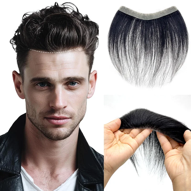 ผมแท้ 100% สำหรับผู้ชาย สี 1B  วัสดุ PU  แบบ V Loop  ท็อปเป้ผมหน้าผากธรรมชาติ  ระบบต่อผมชาย  แบบใส