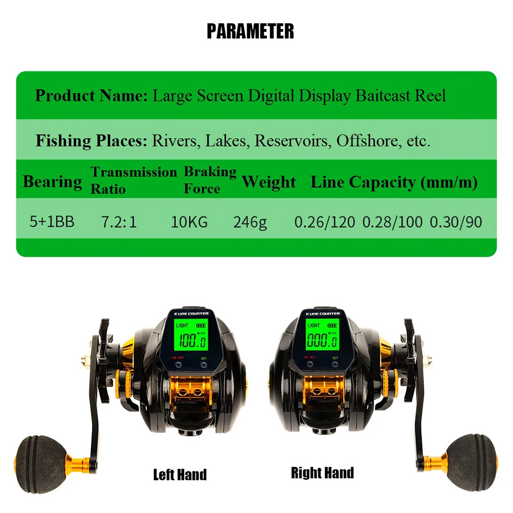 Imagem -06 - Impermeável Baitcast Reel com Tela Grande Display Digital Preciso Linha Contador Mordida Alarme Contando Pesca Roda Carretéis 7.2:1