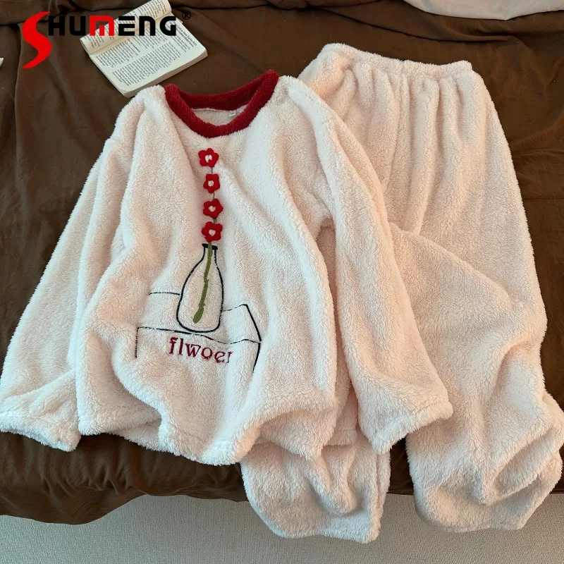 

Красный пижамный комплект с цветочным принтом для женщин, зимний утепленный флисовый длинный плюшевый домашний комплект, женский милый комплект домашней одежды в японском стиле