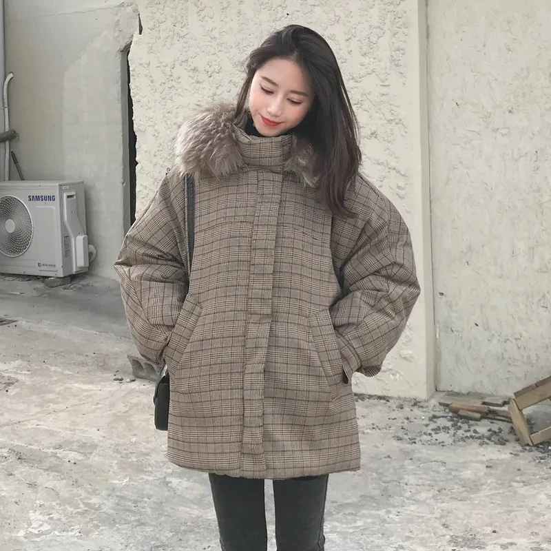 Großer Pelz kragen Frauen Plaid Parka Mantel Baumwolle gepolsterte Freizeit kleidung Dame Mantel Parkas weiblich plus Größe Outwear