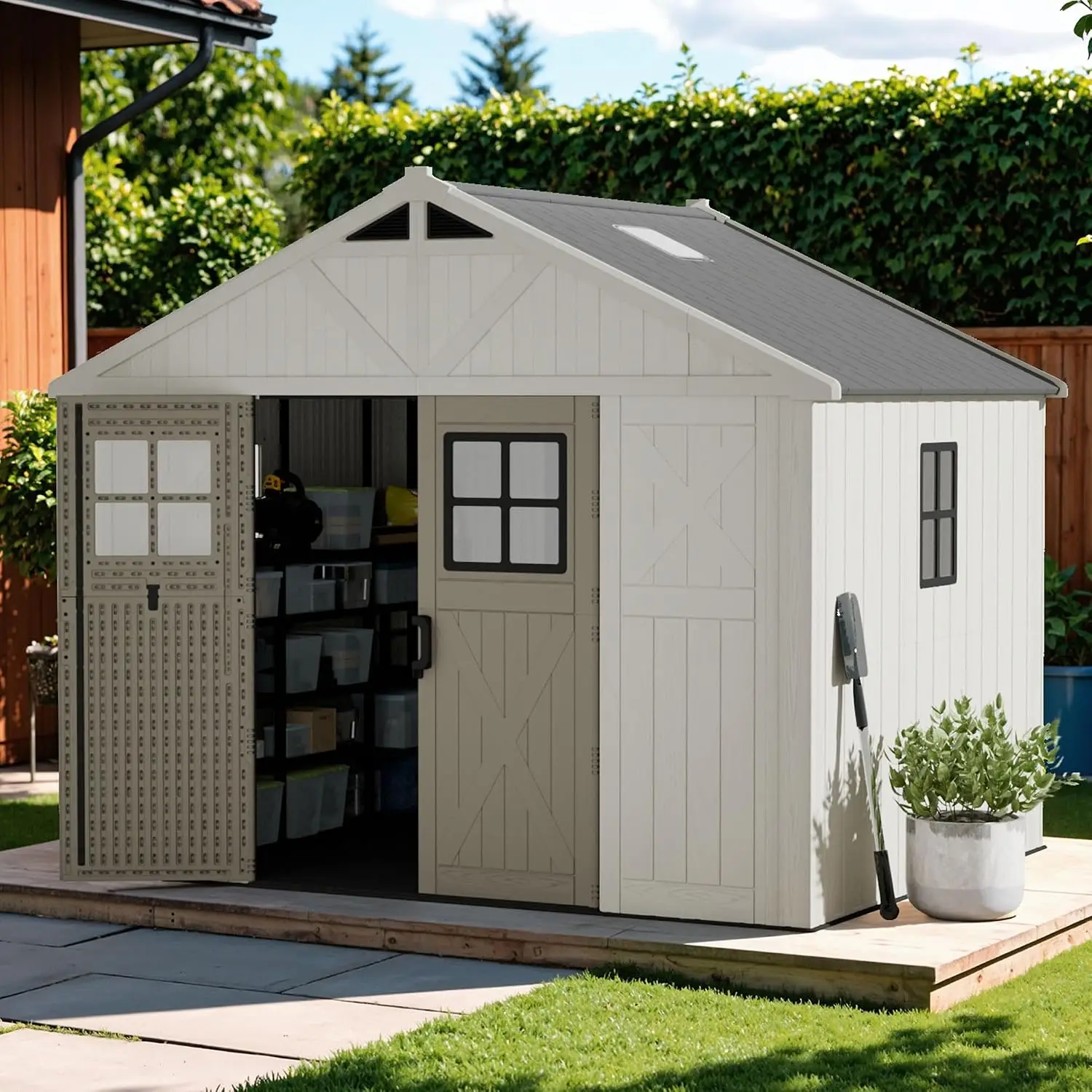 10x8 FT Resin Storage Shed with Floor, Large Outdoor Plastic Garden Tool House, Customized
