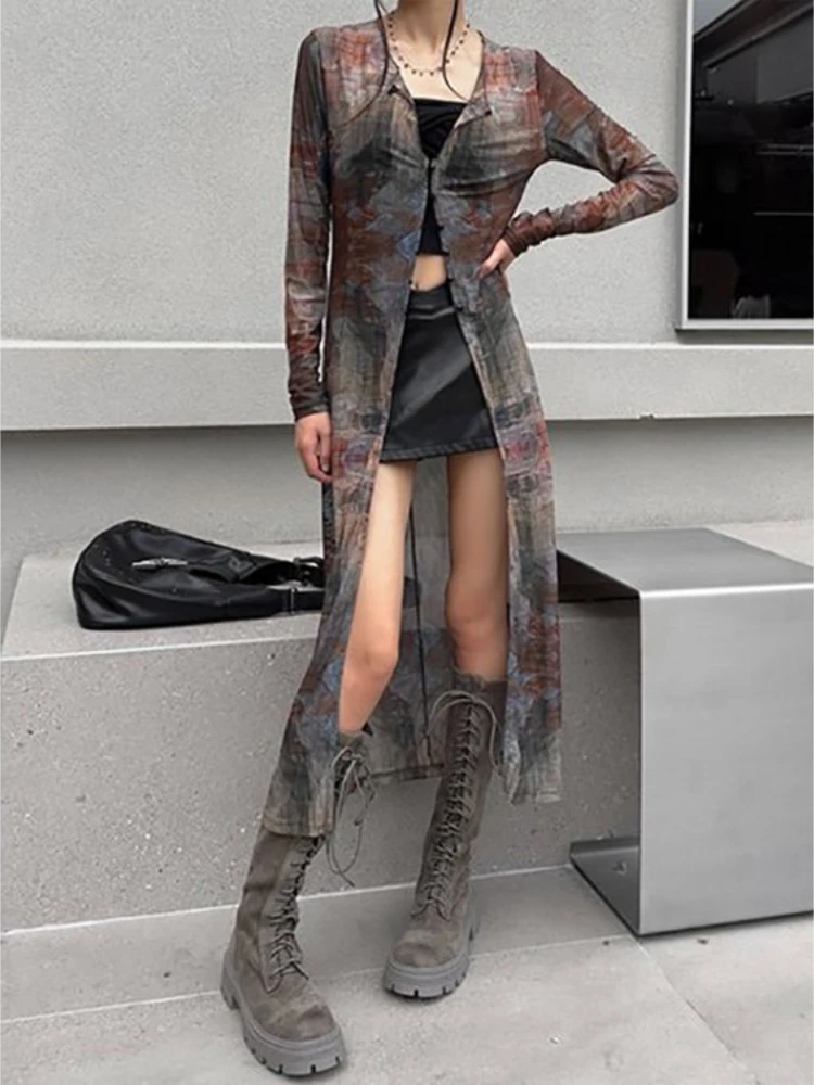 Y2k Long Sleeve Cardigan Mesh Vintage Oil Painting Print Coat Women 2025 Summer New Slim Fit Tops Mujer