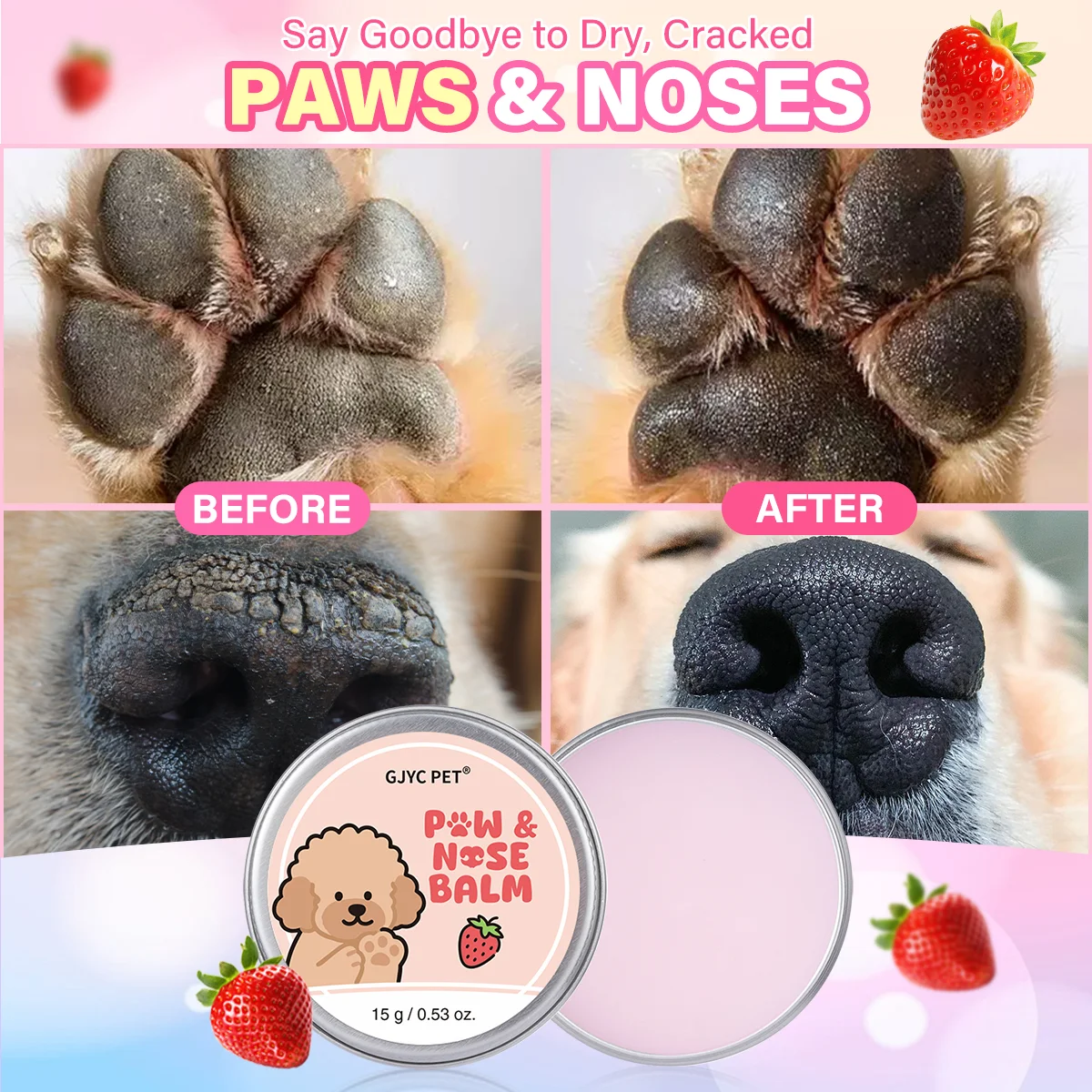 Natural Dog Paw & Nose Balm Strawberry Scent Moisturizing for Dry Cracked Pads Repairs Protects Dogs Cats Daily Paw Care