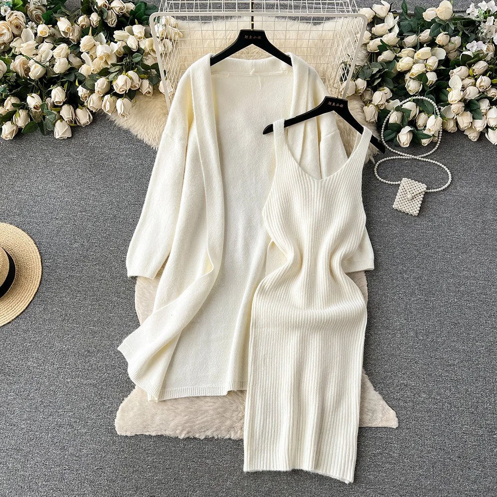 Croysier Autumn Winter Elegant Sweater Matching Sets Long Cardigan Coat And Ribbed Midi Dress Knit Two Piece Set Women Outfit