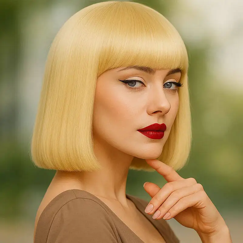 Elegant 12 inch gold synthetic wig with straight hair and bangs design, suitable for daily wear at fashion parties