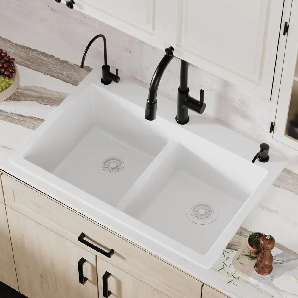33 Inch White Quartz Composite Double Bowl Kitchen Sink, Top Mount Drop-In 50/50 Low Divider, Heat & Impact Resistant Sink with