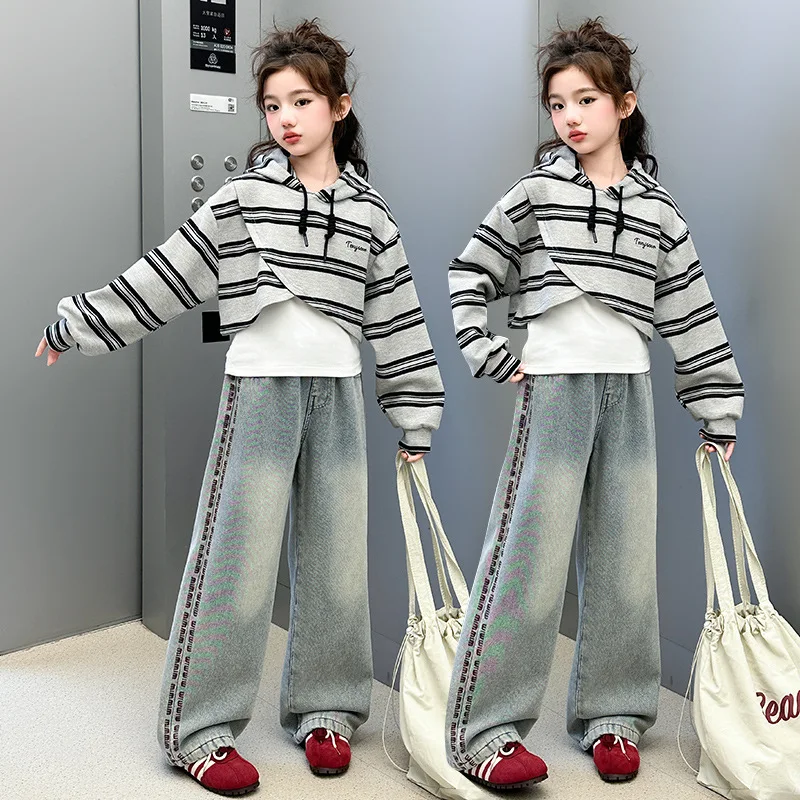 

Детские комплекты из 3 предметов для девочек, осенний однотонный жилет + полосатый свитшот с капюшоном + широкие штаны, комплекты для девочек от 4 до 14 лет, комплект школьниц с длинными рукавами