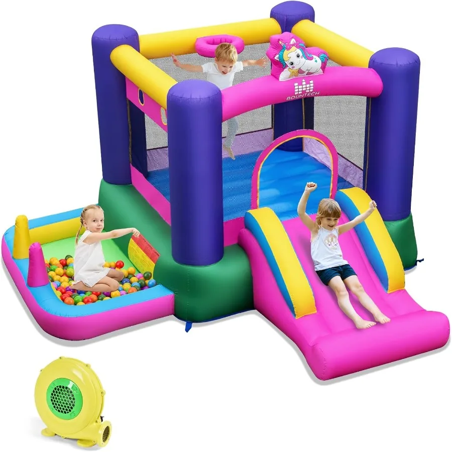

Inflatable Bounce House with Ball Pit Bouncy House for Indoor Outdoor w/Large Jumping Area Basketball Hoop 480w Blower Mini Bou