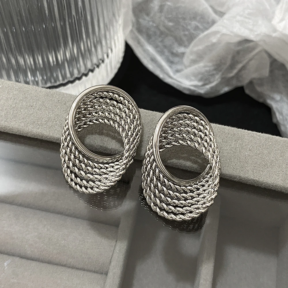 AENSOA Punk Metal Layered Twist Big Geometric Stud Earring Unique Gold Silver Color Statement Earring Women 2024 Fashion Jewelry image 6