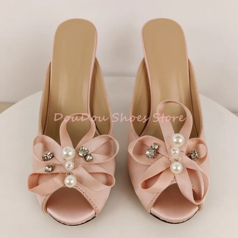 Pink Satin Bow Pearl Rhinestone Decor Mule Slippers Women Peep Toe Slip On Thin Heel Sandals Sexy Wedding Prom Party Dress Shoes view 4