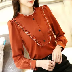 2024 Spring Autumn Ruffled Neck Shirt Sweet Spliced Women's Clothing Commute Button Korean Straight Solid Color All-match Blouse