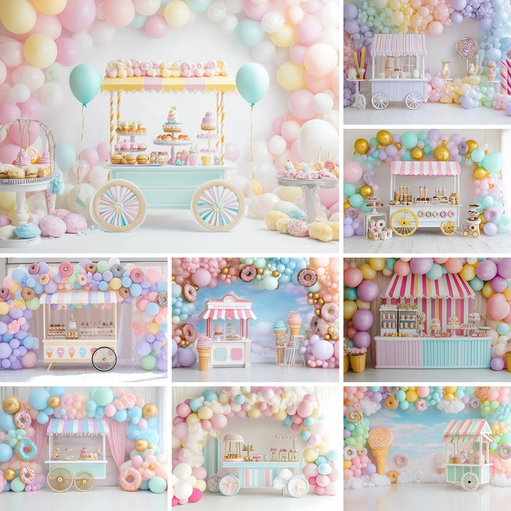 Ice Cream Cart Girl Birthday Portrait Background Colorful Balloons Donut Cake Newborn 1st Birthday Party Decor Backdrop Studio