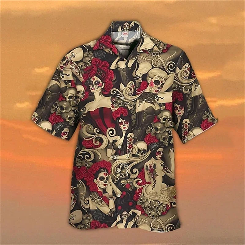 Camisa con solapa de calavera para hombre, camisa hawaiana informal con estampado 3D de terror, Retro, con botones, de manga corta, nueva